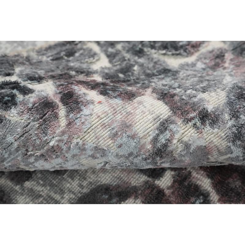 Hand Knotted Oriental Viscose Silk Carpet Modern Floral Greys & Charcoal Abstract Area Rug - 6' 11'' X 5' 6''