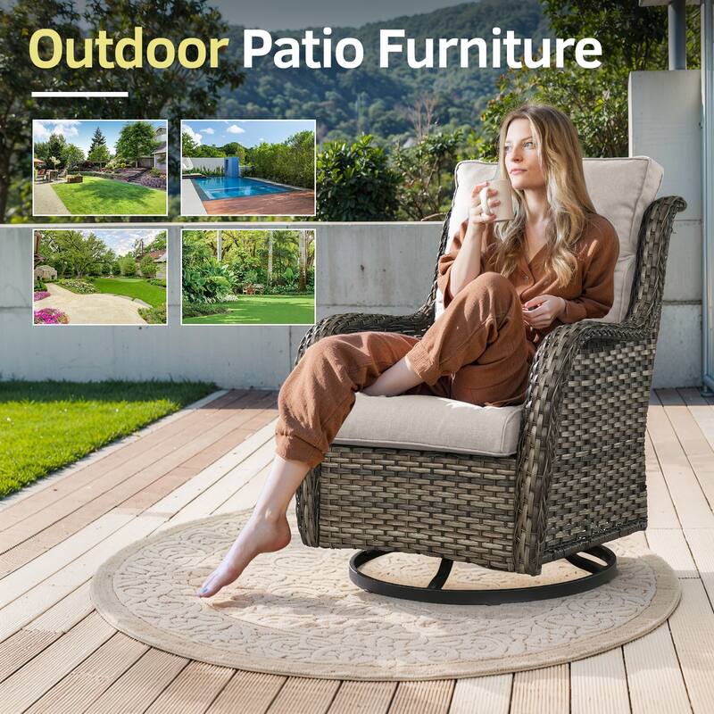3 Piece Wicker Rocking Charis with Rattan Side Table - Grey