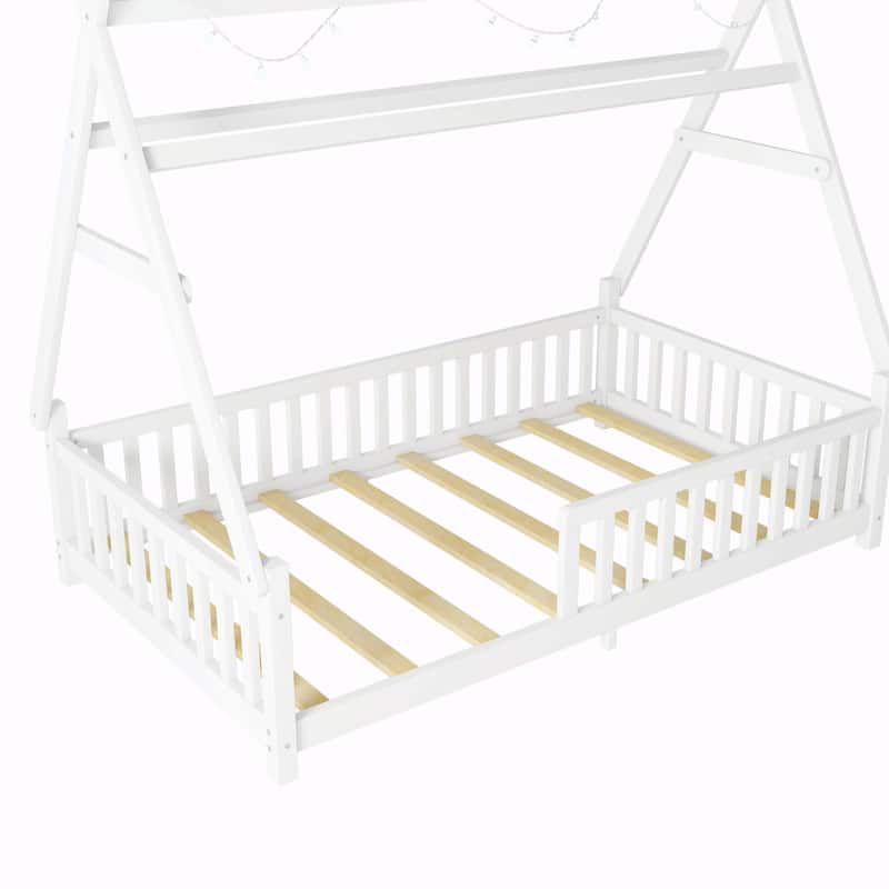House Bed with Light, Low Floor House Bed with Fence and Roof