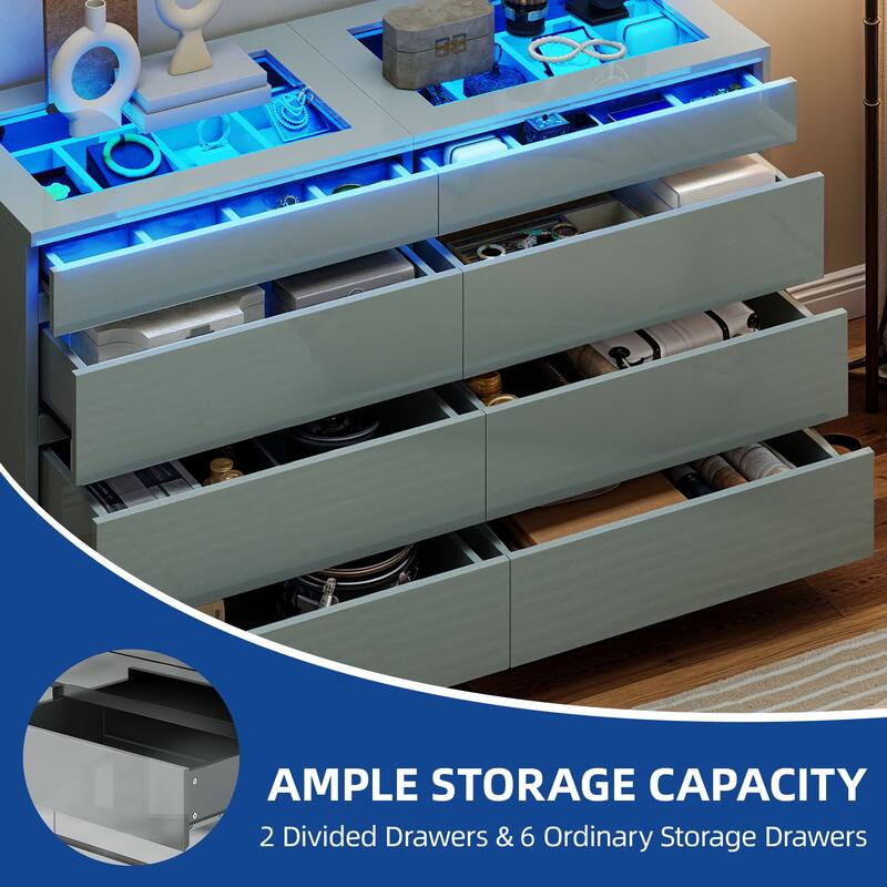 Moasis 8 Drawer High Gloss Dresser with RGB LED Light for Modern Bedroom Storage