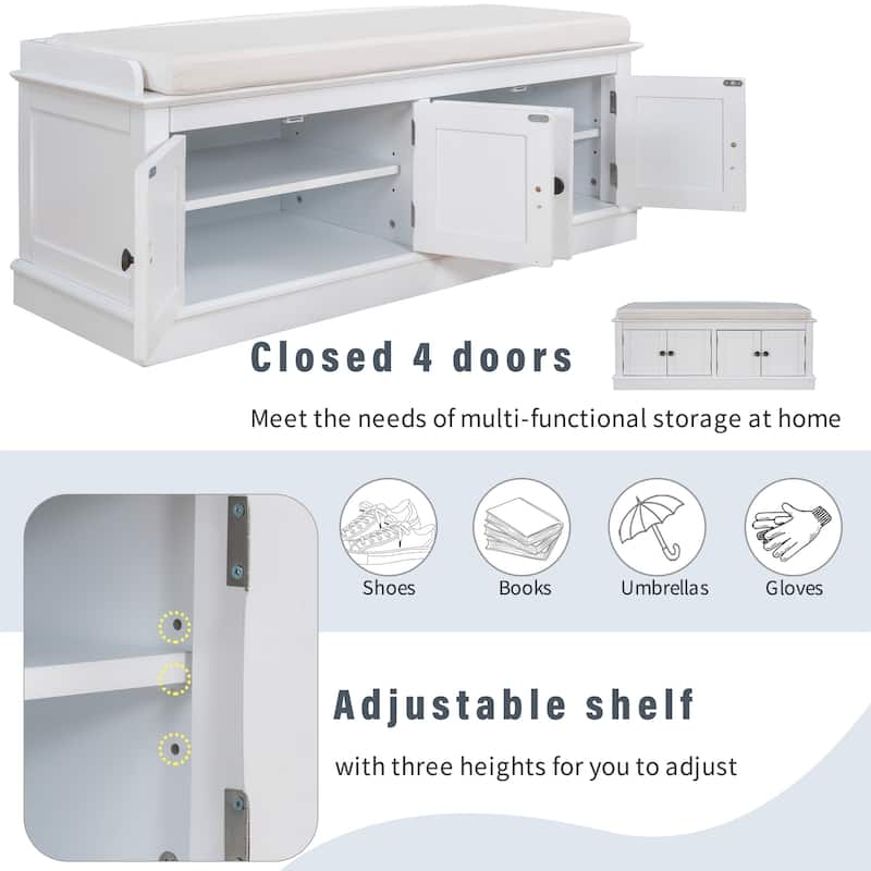 Entryway Storage Bench with 4 Doors and Adjustable Shelves, Shoe Bench Shoe Cabinet Storage Ottoman with Removable Seat Cushion