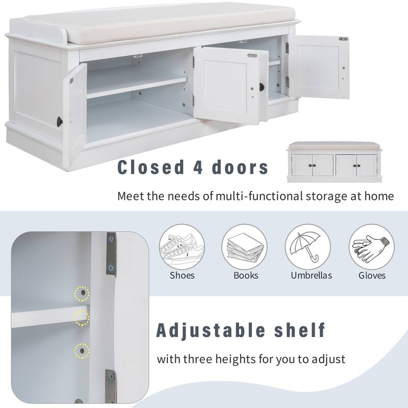 Storage Shoes Bench with 4 Doors and Adjustable Shelves, Removable Cushion