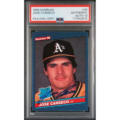 Jose Canseco 1986 Donruss Signed Baseball Rookie Card #39 Auto Graded PSA 10 Cert # 117942672 - 8' x 11'