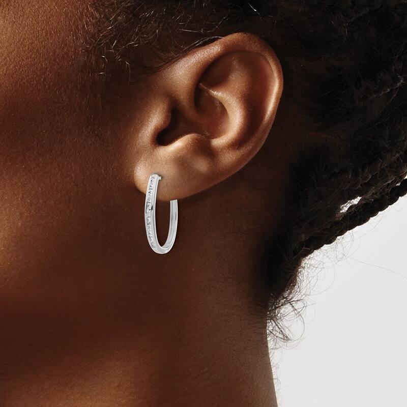 Curata 14k White Gold Diamond Oval Hoop Earrings - 22x13mm Wide 2mm Thick