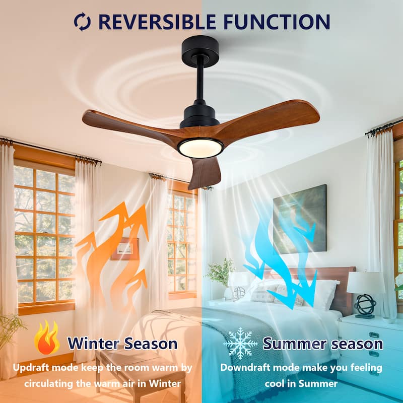 36-Inch Ceiling Fan Light with 6-Speed Remote Control, Black Three-Blade, Reversible Wooden Fan Blades, DC Motor
