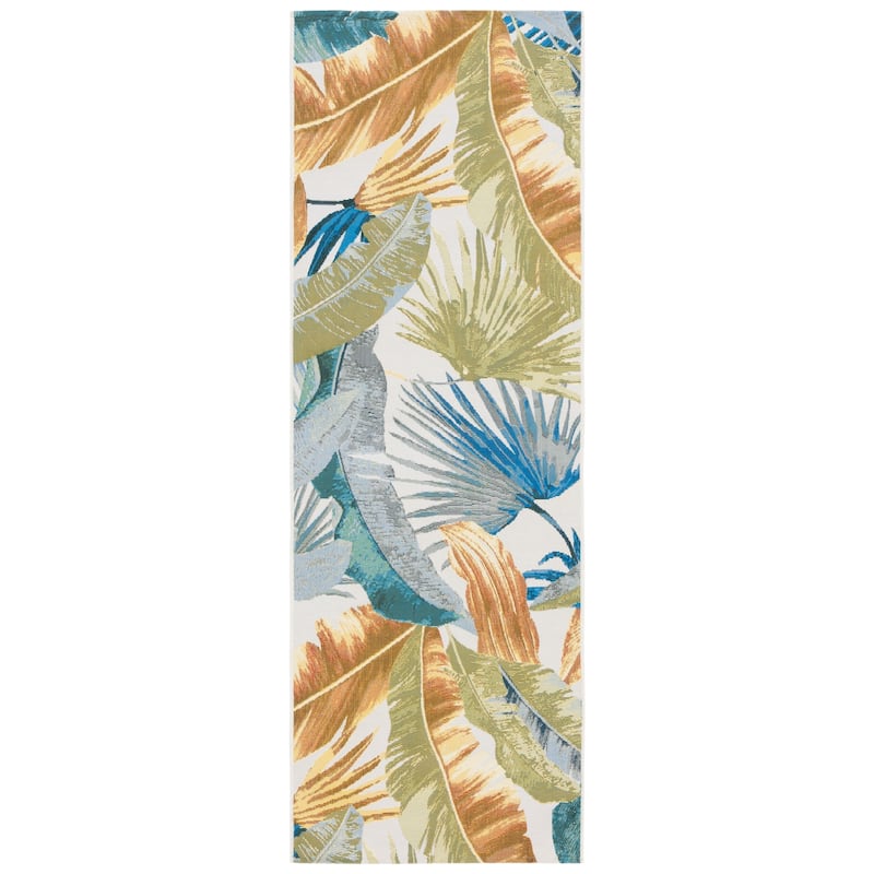SAFAVIEH Barbados Souzan Tropical Indoor/ Outdoor Waterproof Patio Backyard Rug - Gold/Green - 2'8" x 10'5" Runner