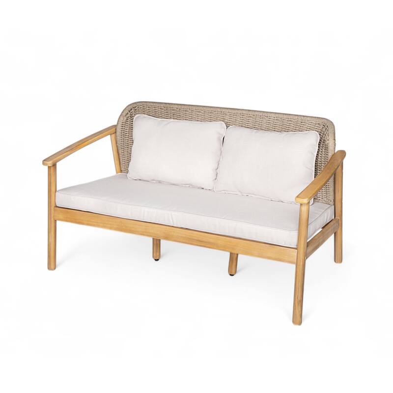 Christopher Knight Home - Camille 2-Piece Outdoor Acacia Wood Conversation Set with Woven Rope Backrest & Coffee Table