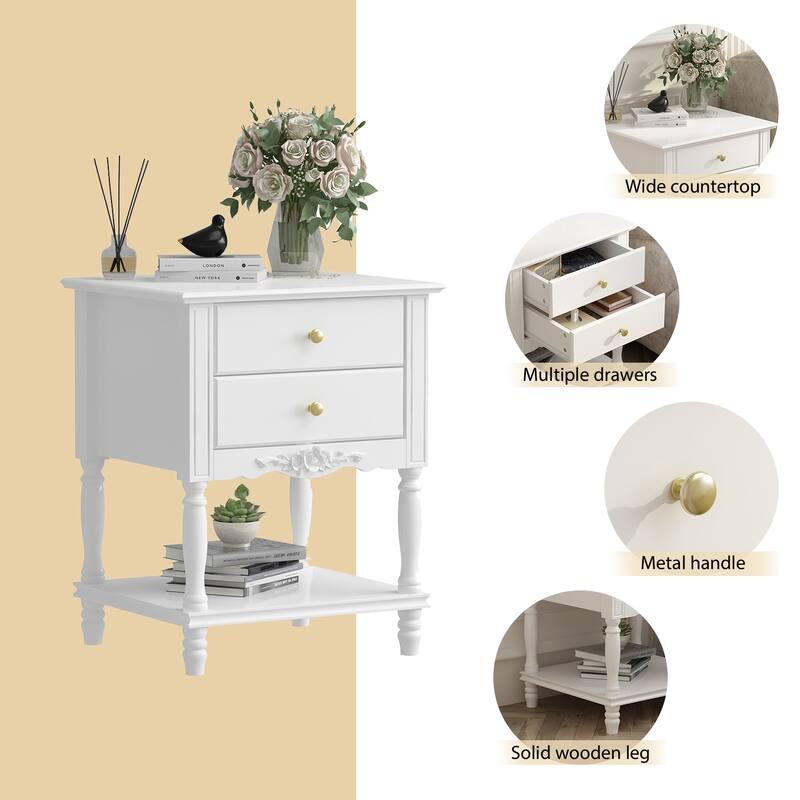 Nightstand Side Tables Drawers and Open Storage Shelf White Lacquer
