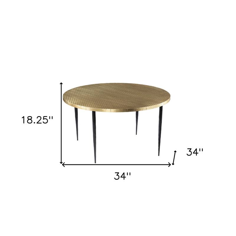 HomeRoots 34" Black And Gold Embossed Metal Round Coffee Table - 18.25" H x 34" W x 34" D
