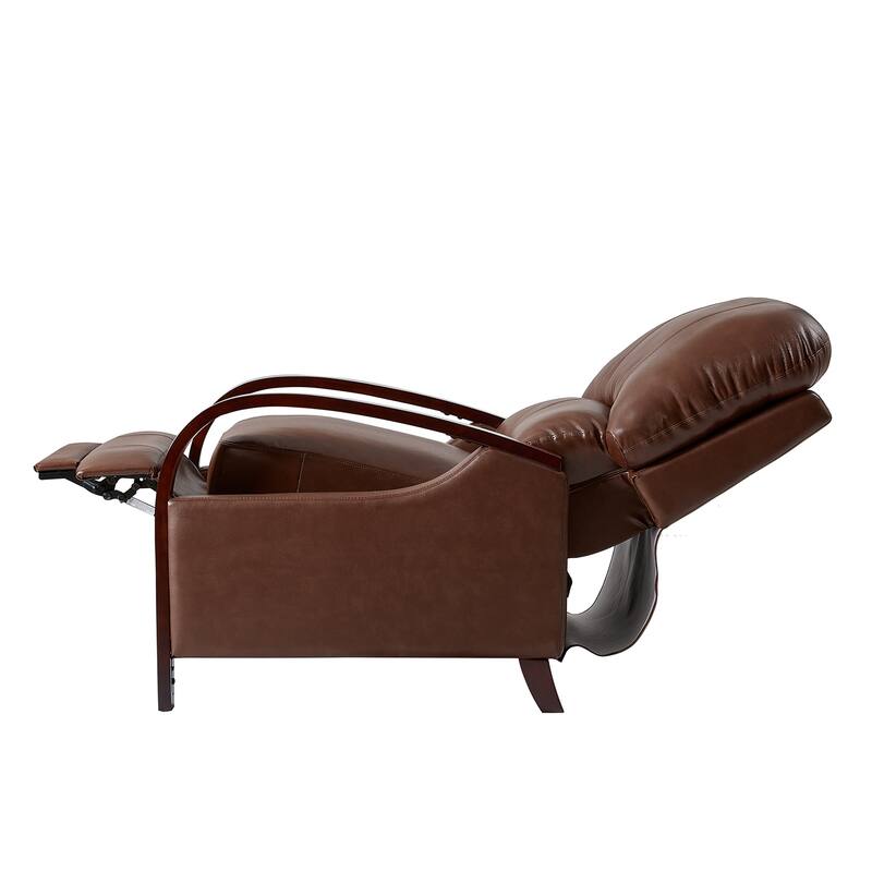 Alex Mid-century Modern Genuine Leather Manual Recliner with Wooden Curved Arms