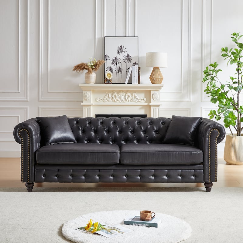 Tech Leather Chesterfield Sofa with Button Tufted and Nailheads Accent - Black