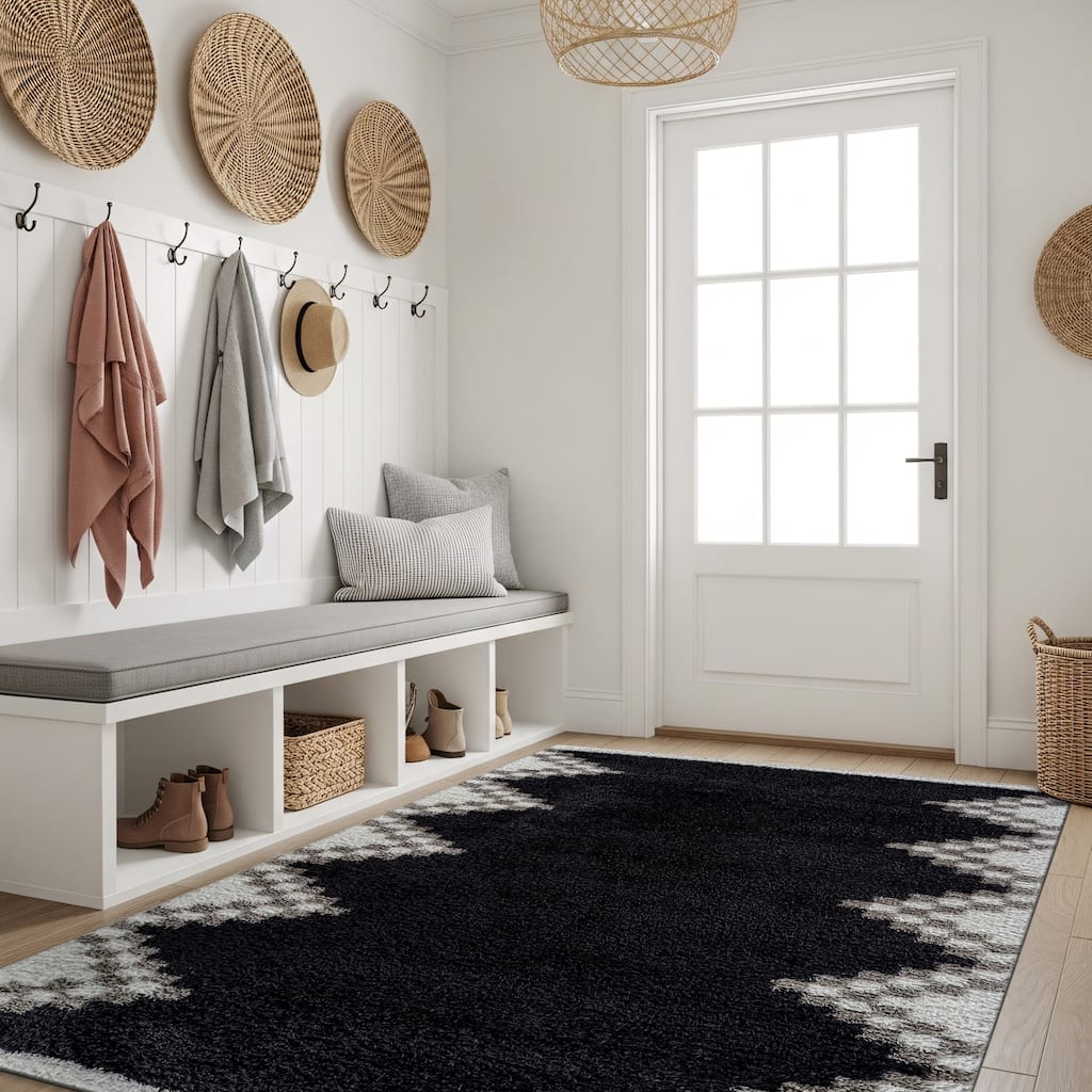 Geometric Shag Rug - Soft & Stylish - Anthracite Dark Gray - Medium Pile, Easy to Clean