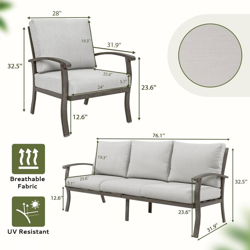 6-Piece Aluminum Patio Conversation Set with Coffee Table,Sofa, Ottoman and Light Gray Cushions