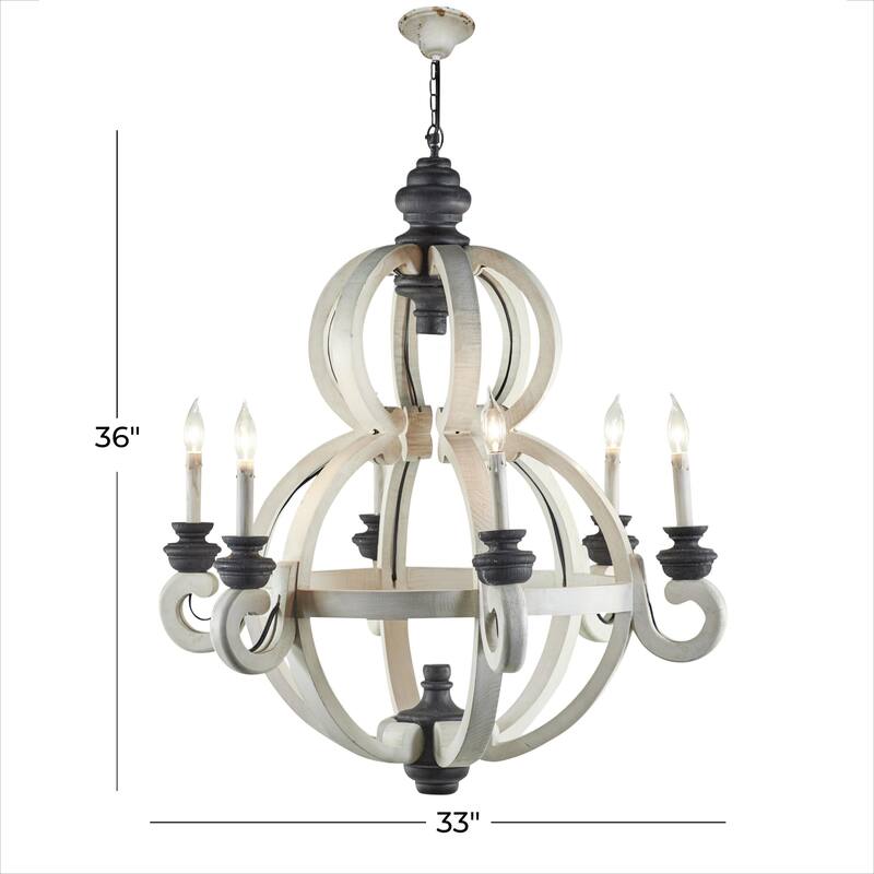 Wood Caged Style 6 Light Chandelier with Link Style Chain - White - Roche River Decor - 33"W x 33"L x 36"H