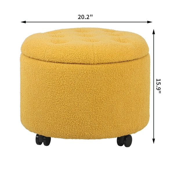 dimension image slide 0 of 3, Adeco 20" Wide Button Tufted Round Storage Ottoman with Casters