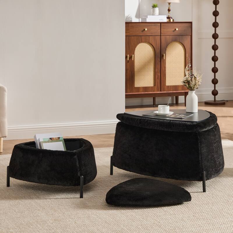 2-Pieces Upholstered Storage Ottoman Set With Reversible Lid And Metal Legs - Black
