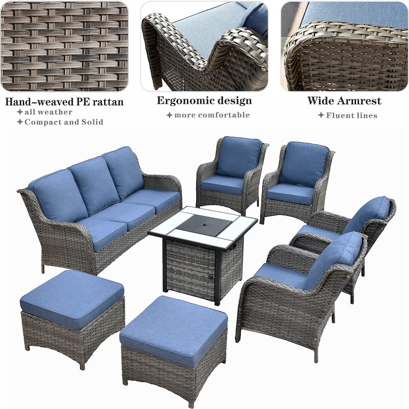 OVIOS Grey Wicker 8-piece Patio Furniture Set With Fire Pit