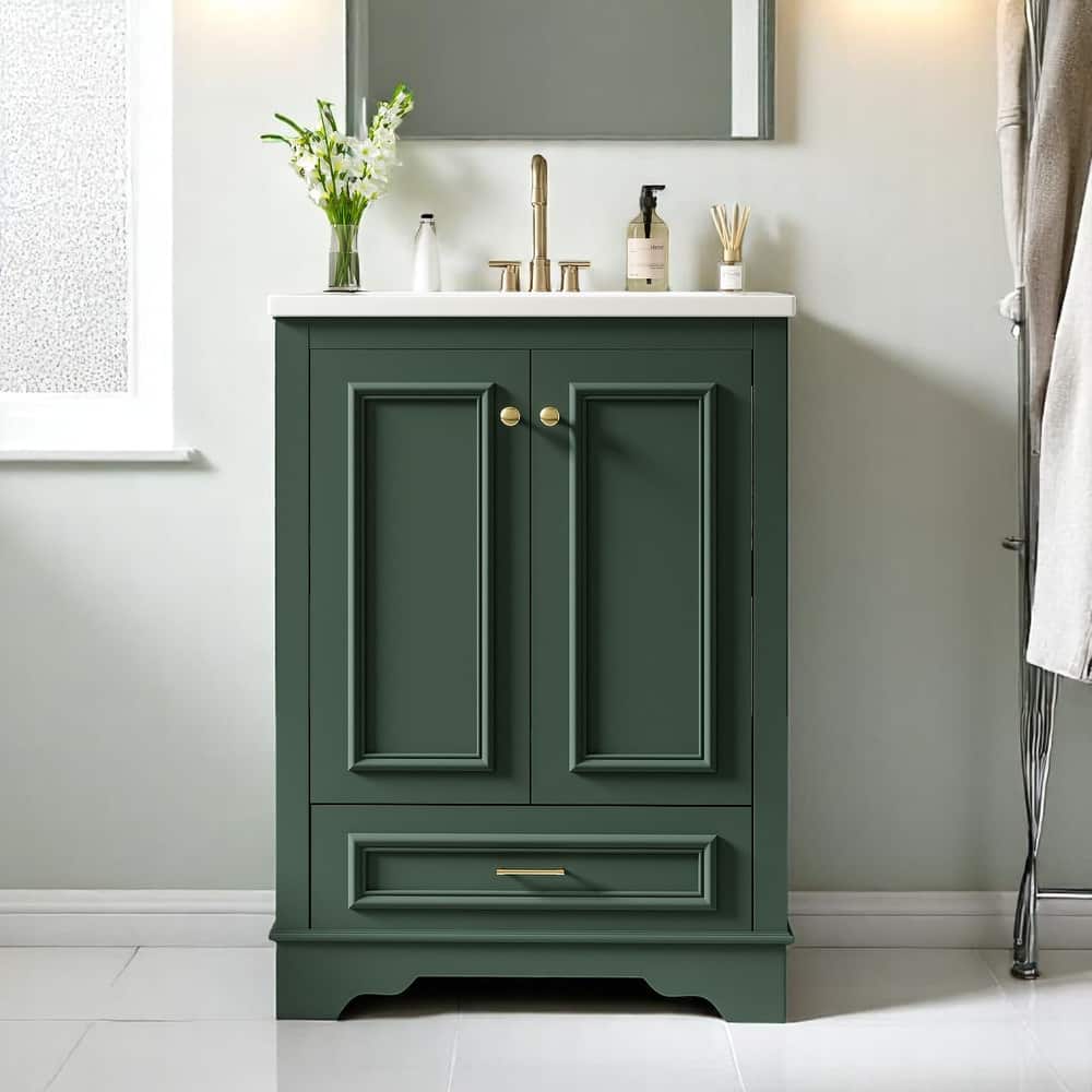 24 Inch Bathroom Vanity with Sink, Solid Wood Frame Cabinet with Adjustable Shelf, Ceramic Top, Silver Handles