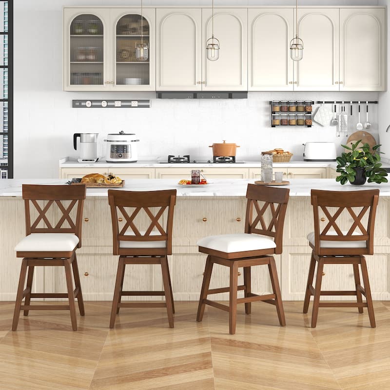 Gymax 26'' Bar Stool Wooden Chair Set of 3 w/Contoured Backrest Swivel