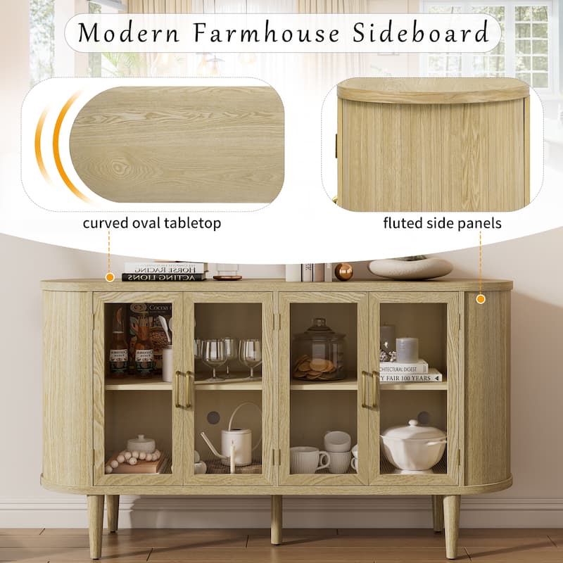 Accent Buffet Cabinet with Glass Doors and Adjustable Shelves, Curved Sideboard Cabinet for Kitchen, Dining Room Living Room