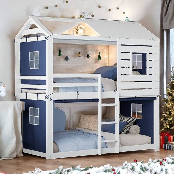 slide 2 of 15, Impression & Beautiful Twin Size Bunk Wood House Bed with Tent,Pink+White Blue+White