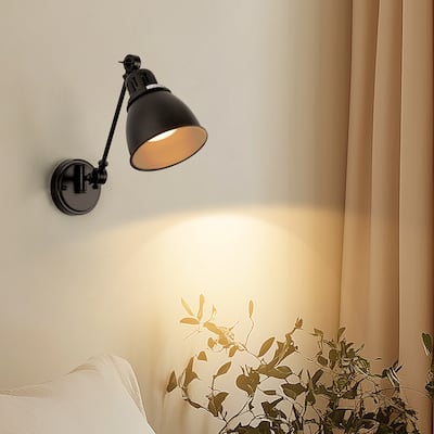 All-Black Wall Sconces Set of 2 with Swing Arm, Cone Shade, E26 Rechargeable Light, Battery Operated, Remote Control