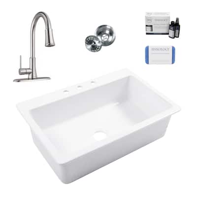 Jackson Crisp White Fireclay 33" Single Bowl Drop-In Kitchen Sink (3 Holes) with Pfirst Faucet Kit