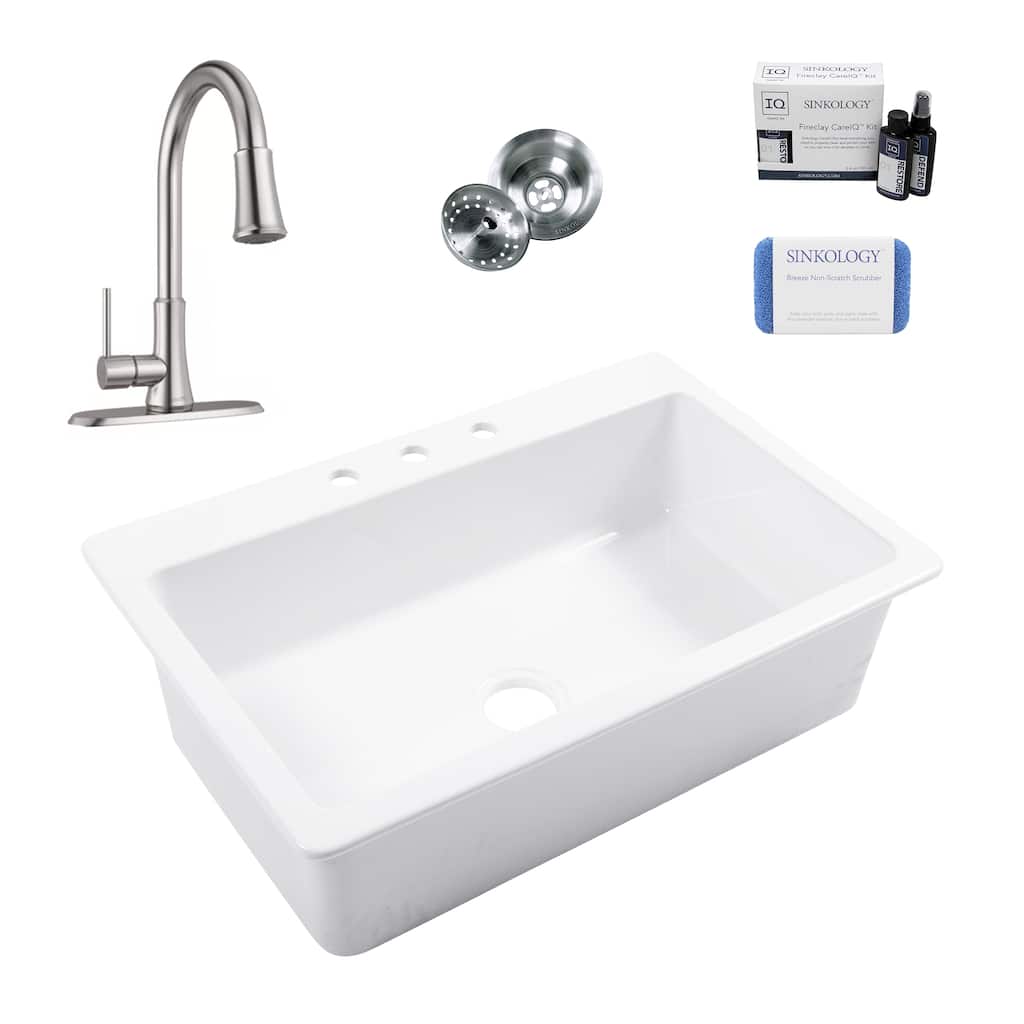 Jackson Crisp White Fireclay 33" Single Bowl Drop-In Kitchen Sink (3 Holes) with Pfirst Faucet Kit
