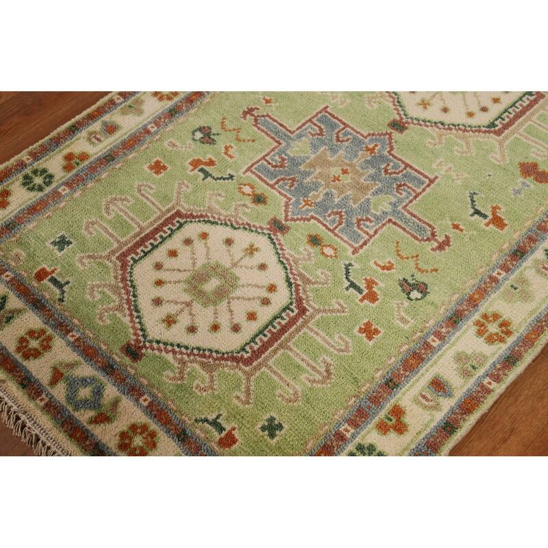 Light Green Geometric Khotan Indian Foyer Rug Hand-Knotted Wool Carpet - 2'11"x 5'0"