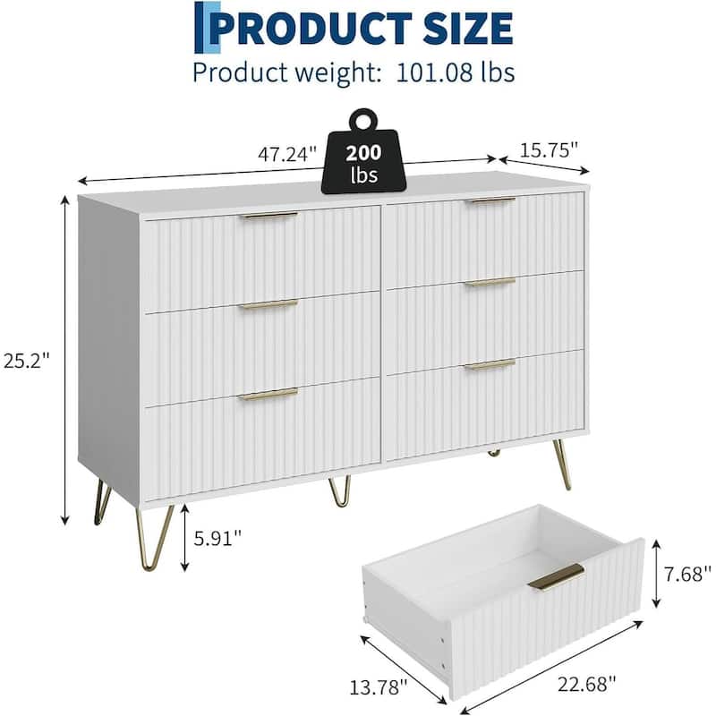 47" Wide Modern Fluted Dresser for Bedroom with 6 Drawers