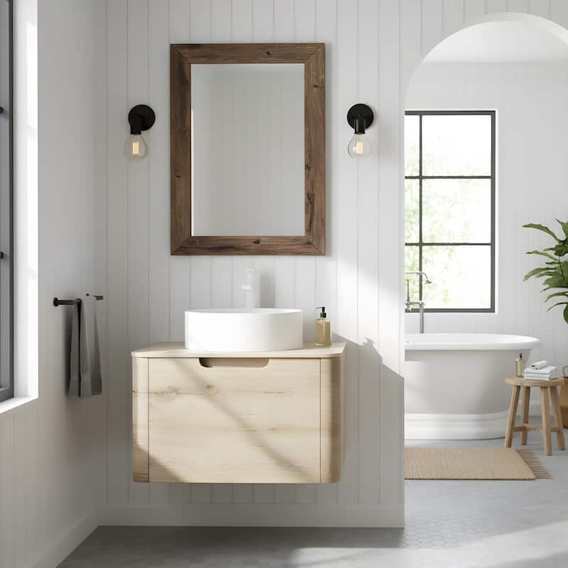 Wall-mounted Bathroom Vanity with Round Vessel Basin - 24 - White Oak+White