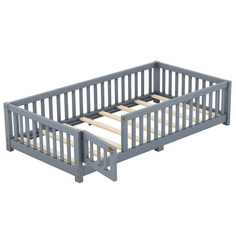 Gray Twin Size Pine Wood Floor Bed with Safety Guardrails and Door for Kids, Boys, Girls, Bedroom