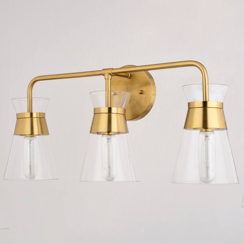 VAXCEL Harper Natural Brass Gold Mid-Century Modern Bathroom Vanity Lighting Fixture, Clear Glass Shade, Wall Sconce