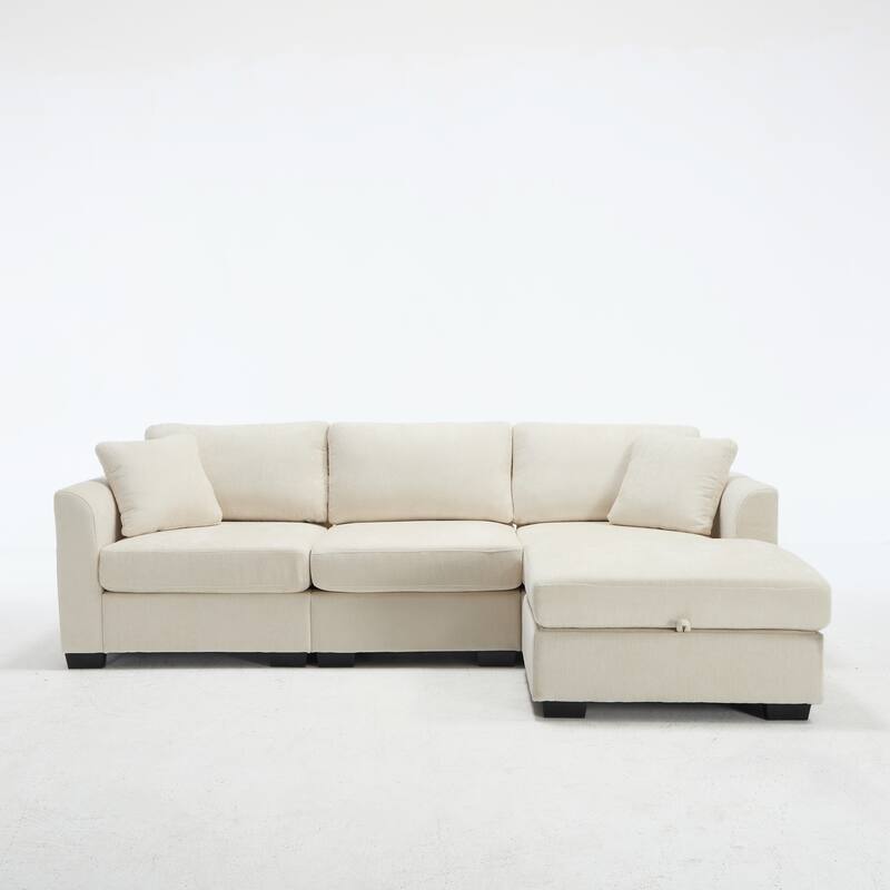 L-Shaped Modular Sectional Sofa with Storage Ottoman, 97" Chenille Corner Couch with USB Ports, Side Pockets