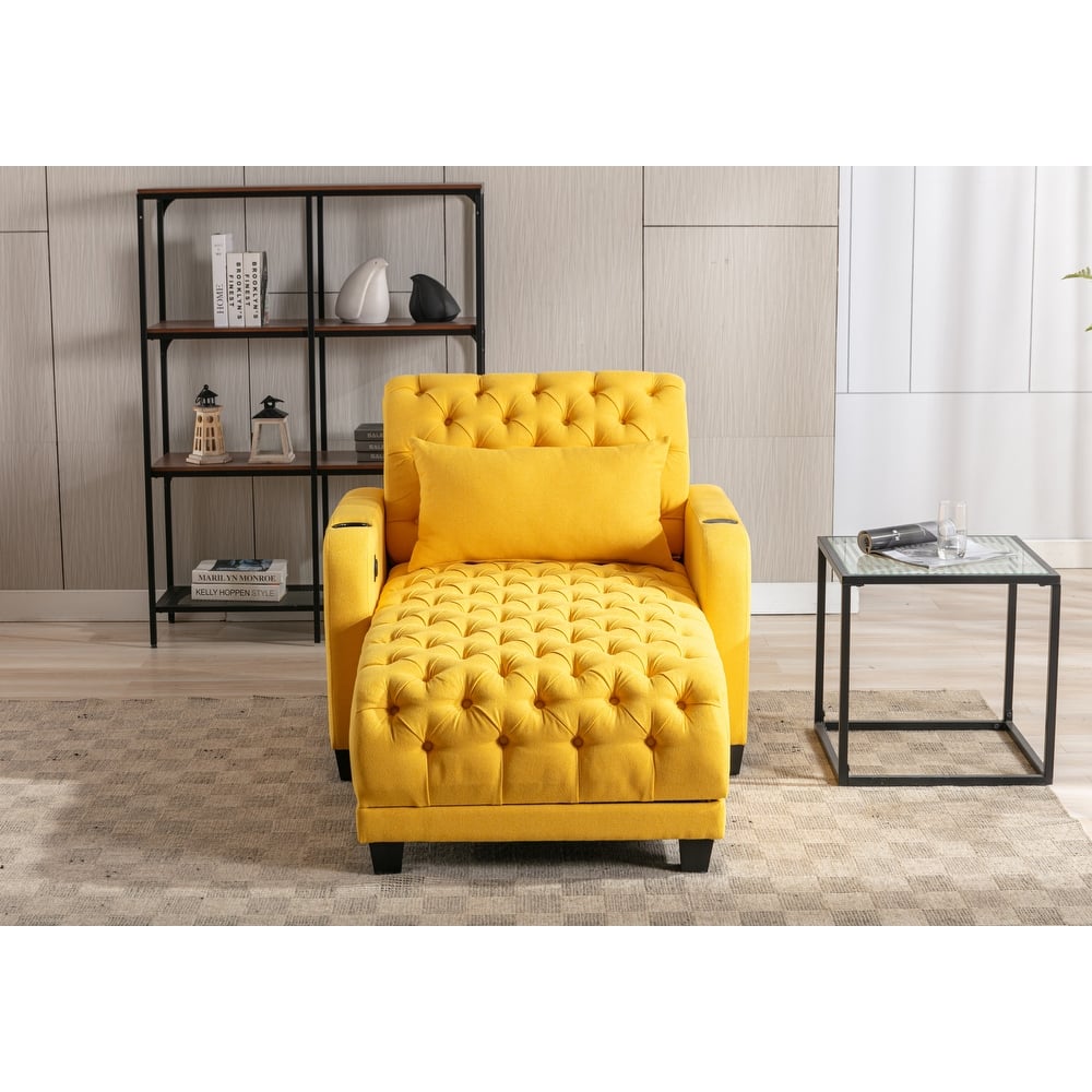 Linen Upholstered Multifunctional Tufted Wireless Charging Leisure Sleeper Armchair with 2 Cup Holders