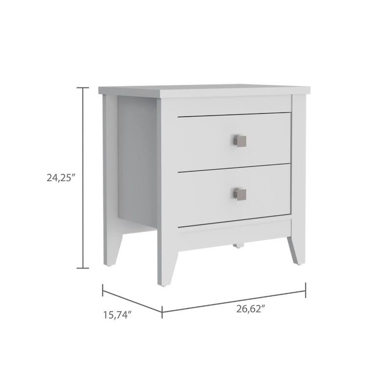 White Nightstand with Two Drawers and Four Legs