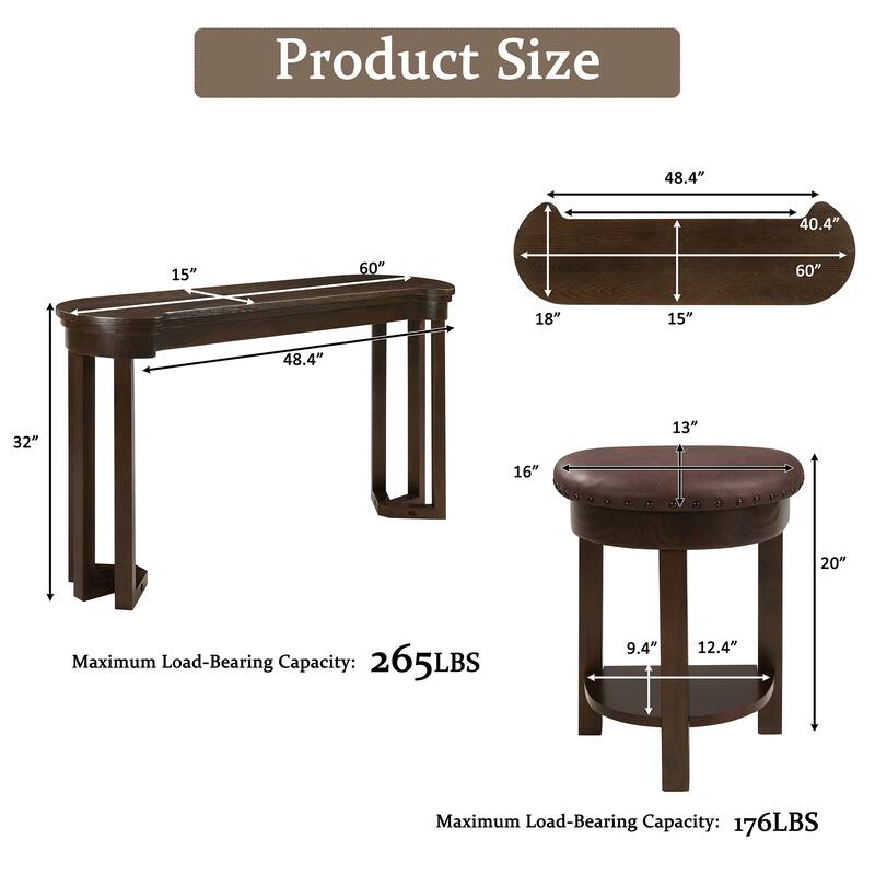 4 Piece Bar Table Set with 3 PU Upholstered Bar Stools, with 3 Padded Stools Solid Wood Counter Height Dining Table Set