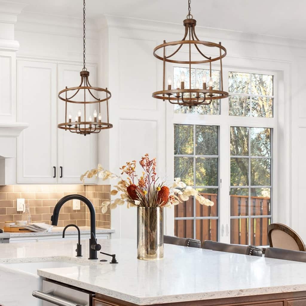Farmhouse 6-Light Rustic Drum Chandelier Kitchen Island Pendant for Dining Room - D 21.6" x H 28.3"