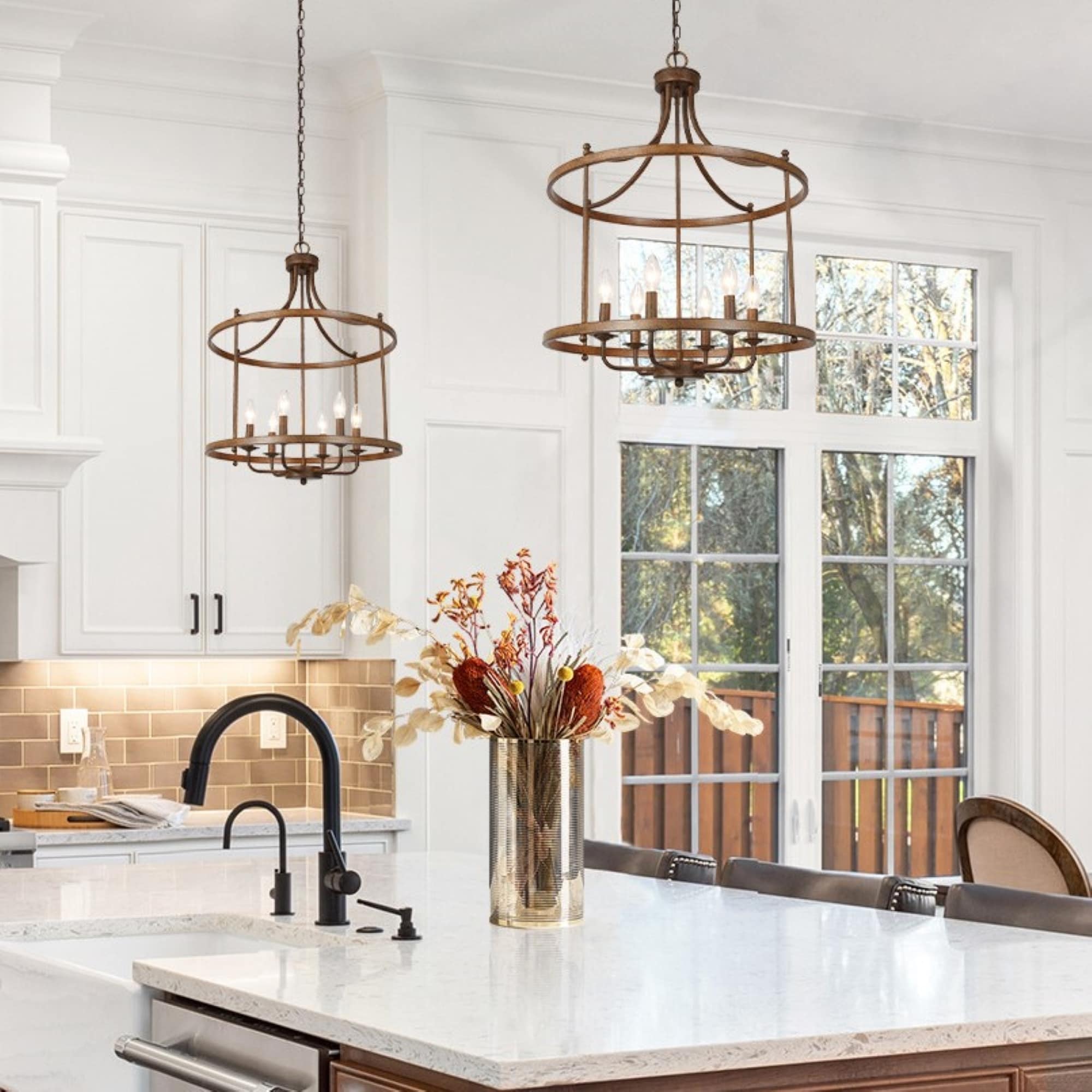 LALUZ Farmhouse 6-Light Rustic Drum Chandelier Kitchen Island Pendant for Dining Room - D 21.6" x H 28.3"