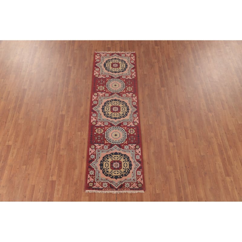 Geometric Red Kazak Oriental Runner Rug Handmade Wool Carpet - 2'5"x 8'1"