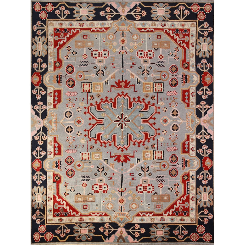 Hand Knotted Oriental 100% Wool Carpet Traditional Medallion Navy Blue & Blues Kazak Area Rug - 9' 9'' X 8' 1''