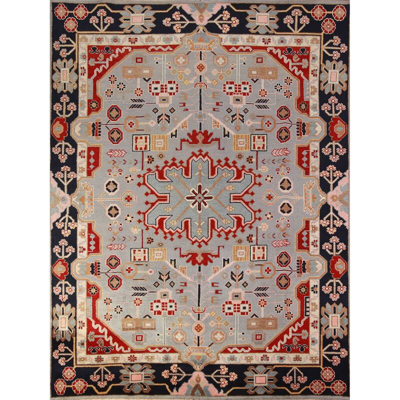 Hand Knotted Oriental 100% Wool Carpet Traditional Medallion Navy Blue & Blues Kazak Area Rug - 9' 9'' X 8' 1''
