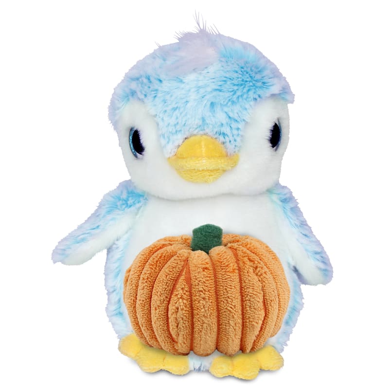DolliBu Sparkling Eyes Blue Penguin Stuffed Animal with Pumpkin Decor - 6 inches