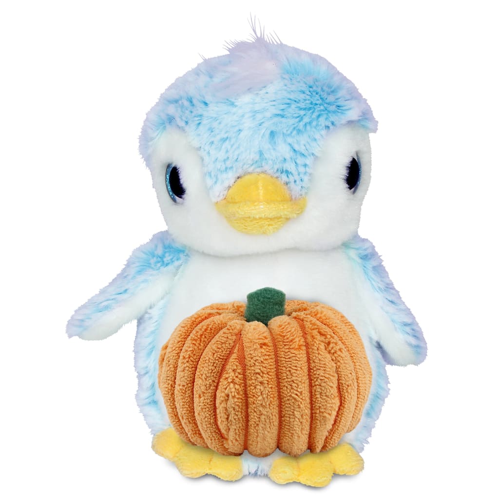 DolliBu Sparkling Eyes Blue Penguin Stuffed Animal with Pumpkin Decor - 6 inches