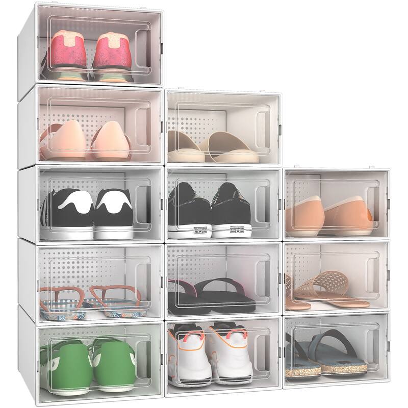 6/12/18 Pack Shoe Storage Box Plastic Stackable Shoe Organizer for Closet Foldable Sneaker Containers Bins Holders Racks
