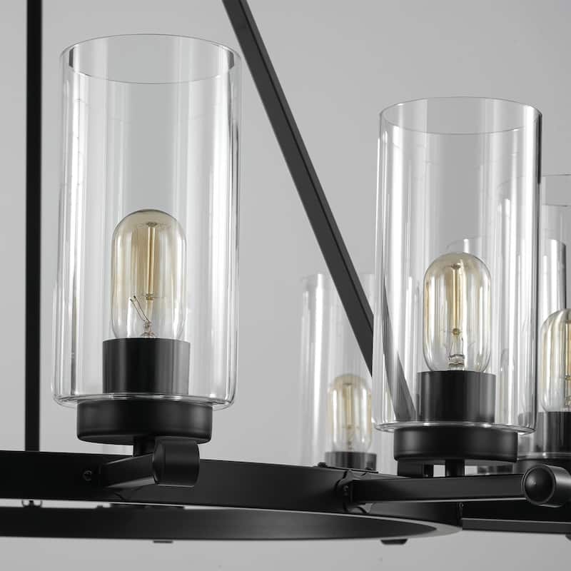 12-Light Mid-Century Modern Black Wagon Wheel Chandelier with Clear Glass Shades - 39.37 in. W x 36.61 in. H