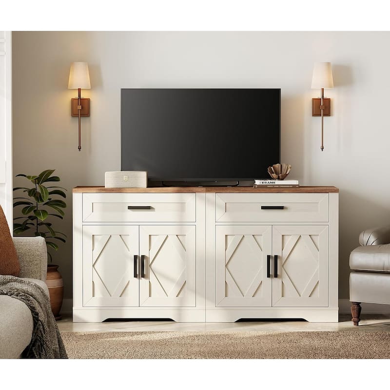 Farmhouse Entertainment Center with Storage Barn Door Cabinet for 50"-130" TVs - 63 inches in width - Antique White