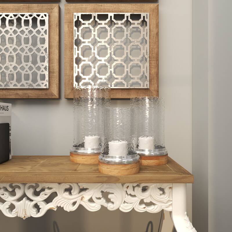 Brown Wood Pillar Hurricane Lamp with Glass Candle Holders (Set of 3)