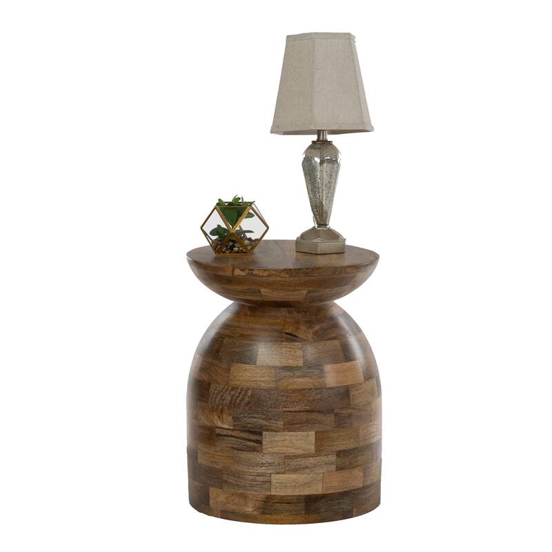 Mango Wood Round Side Table - 16" Accent Table with Patchwork Tile Design - Natural Finish, Assembled