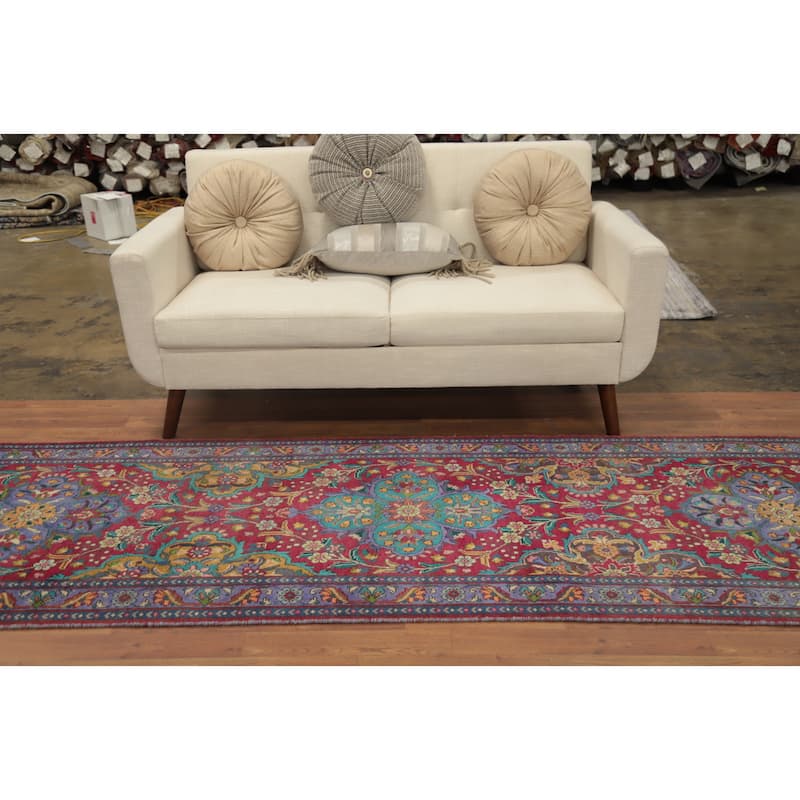 Hand Knotted Oriental 100% Wool Carpet Traditional Floral Red Tabriz Runner Rug - 11' 1'' X 3' 1''